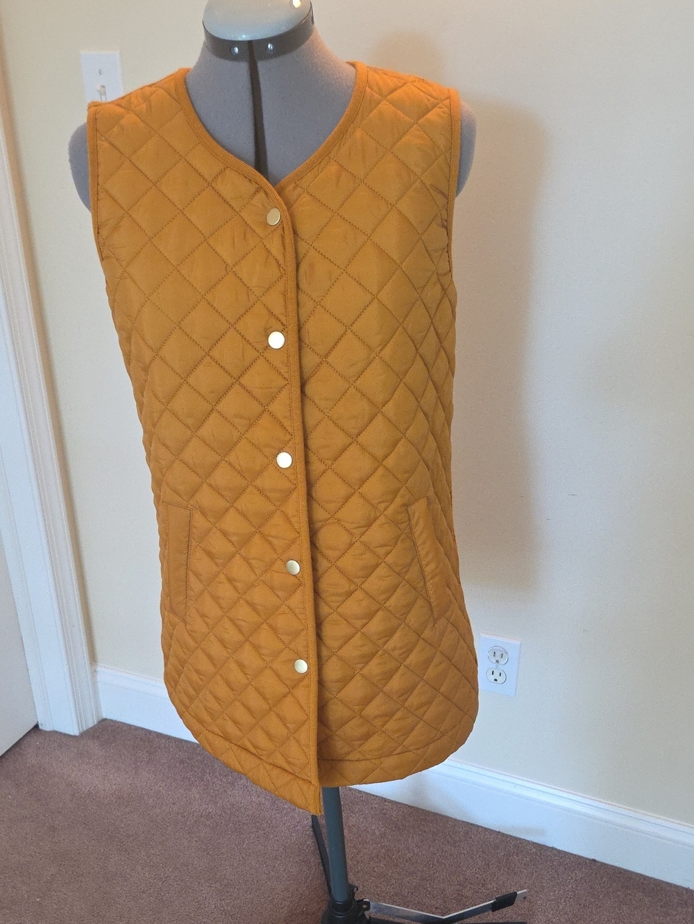 Quilted Mixed Media Sleeveless Vest - Mustard